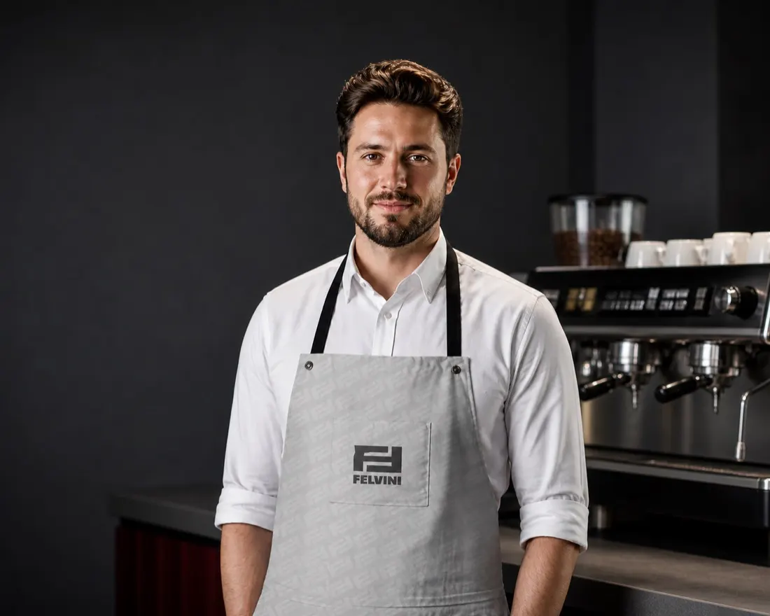 Felvini logolu önlük giyen profesyonel barista